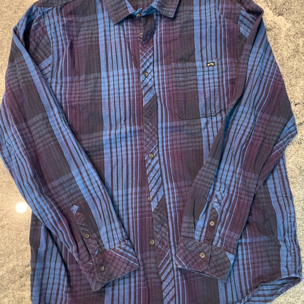 Billabong, Men's Blue and Purple Plaid Flannel Long Sleeve Button Down